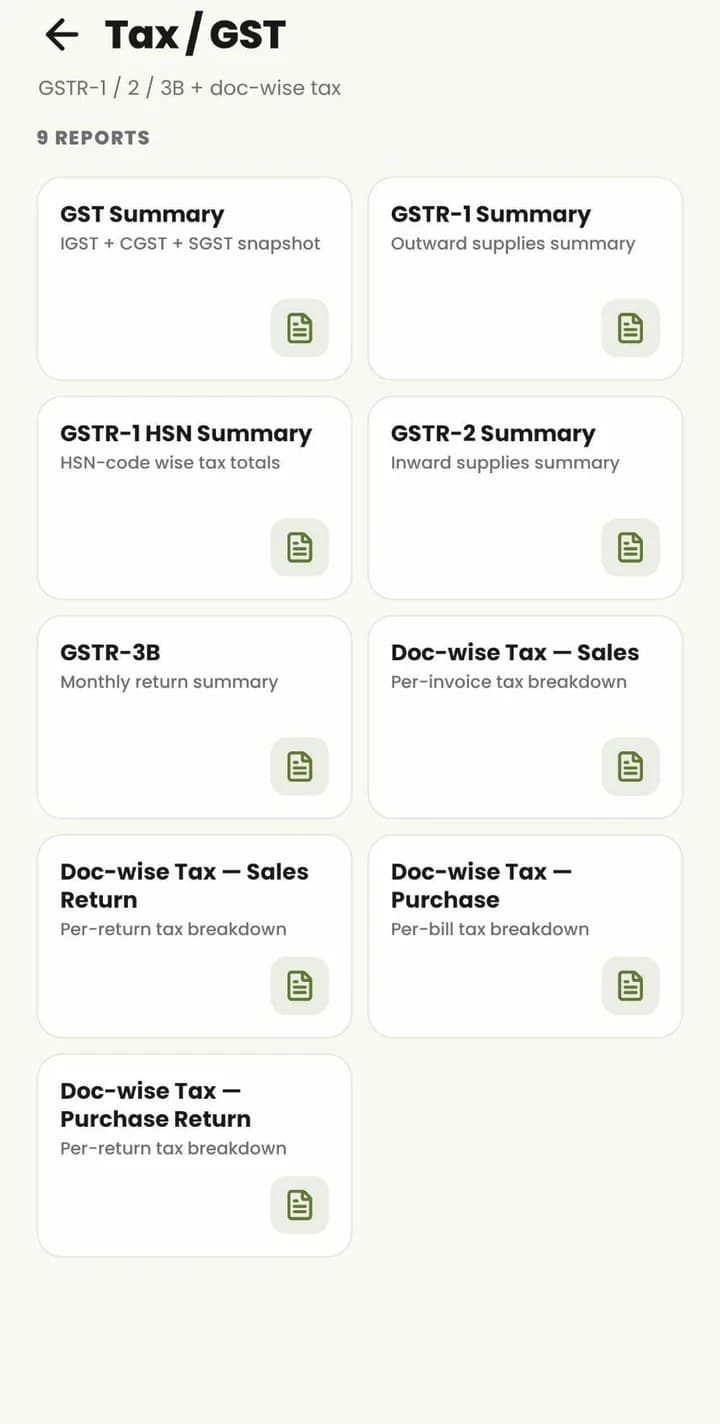 MyDukan Tax / GST reports: GST summary, GSTR-1, GSTR-1 HSN, GSTR-2, GSTR-3B and document-wise tax