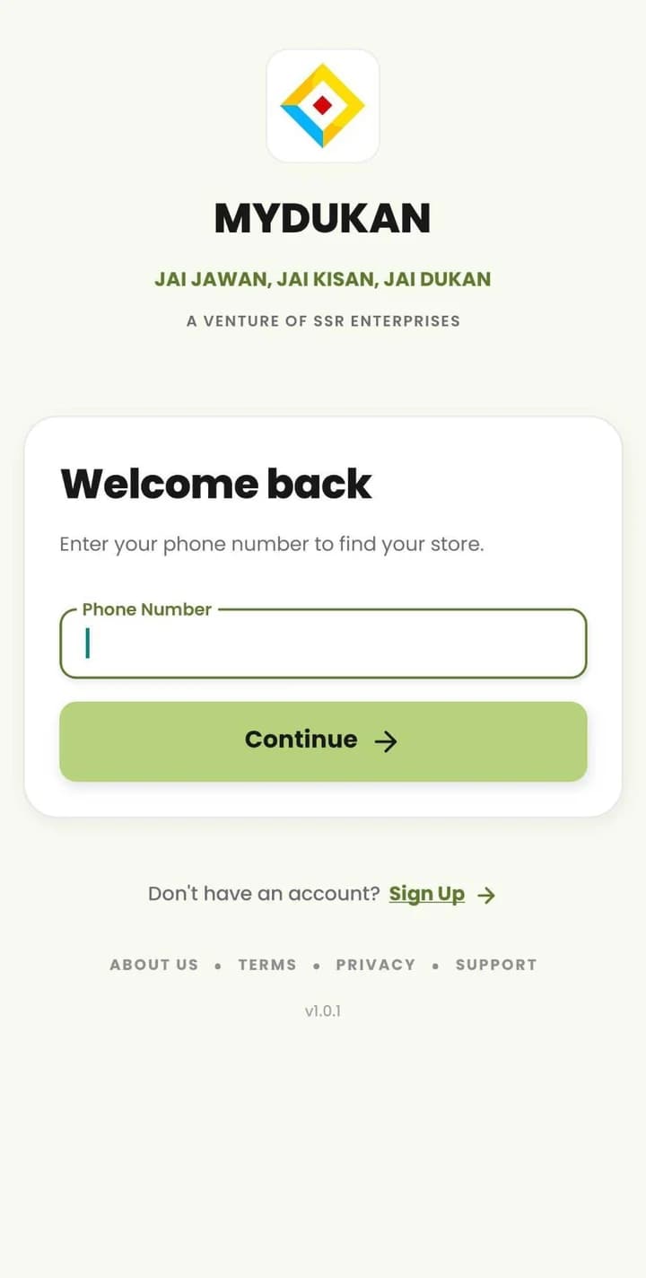 MyDukan app sign-in: enter your phone number to find your store, or sign up