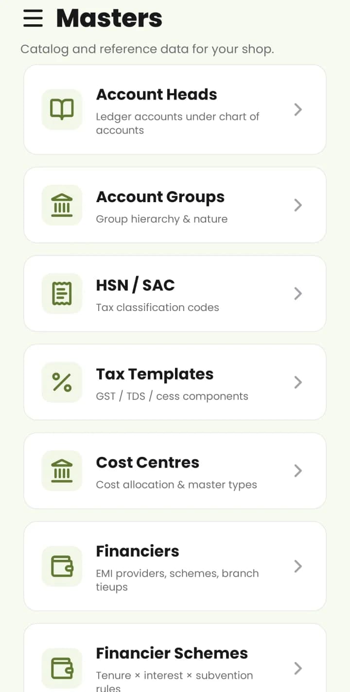 MyDukan Masters: account heads, account groups, HSN / SAC, tax templates, cost centres and financiers