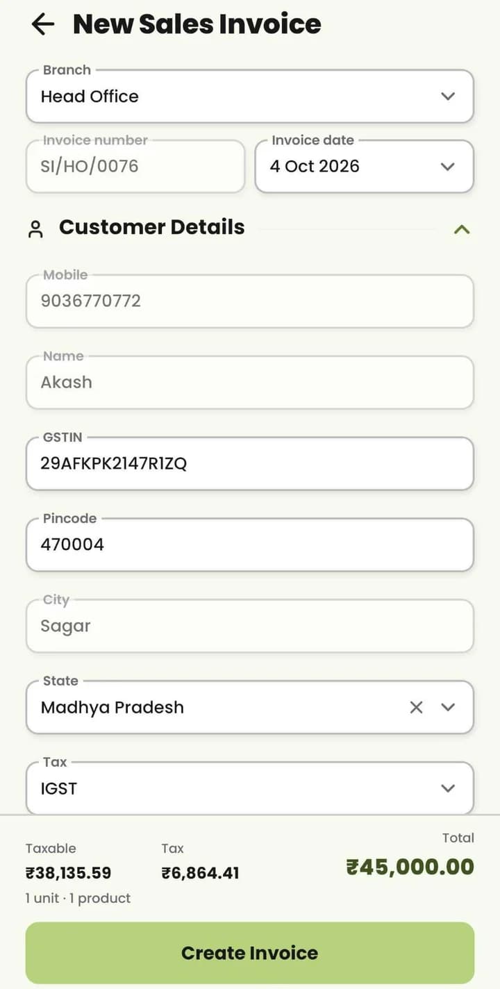 MyDukan New Sales Invoice: branch, invoice number and date, customer mobile that fills in saved details, GSTIN, PIN code, state and tax, with taxable and total