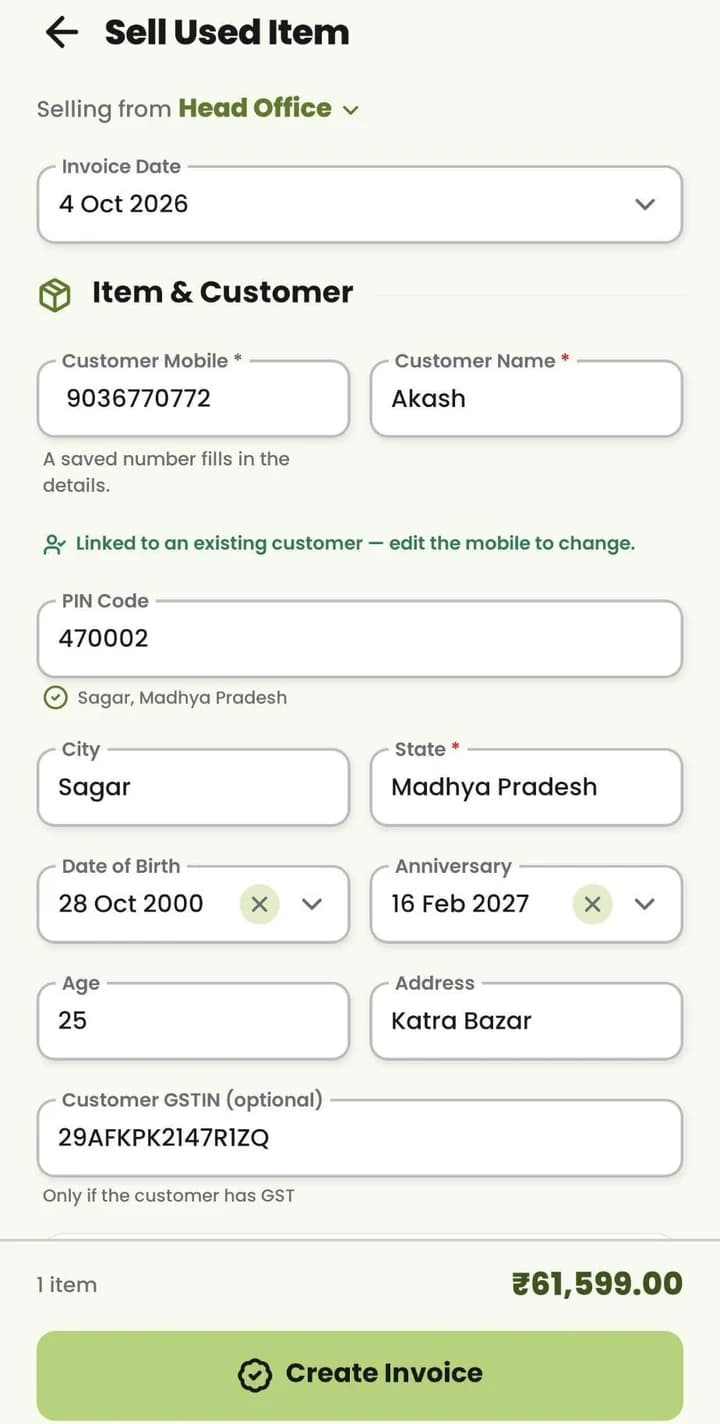 MyDukan Sell Used Item: invoice date, branch, customer mobile that fills in saved details, PIN code that fills city and state
