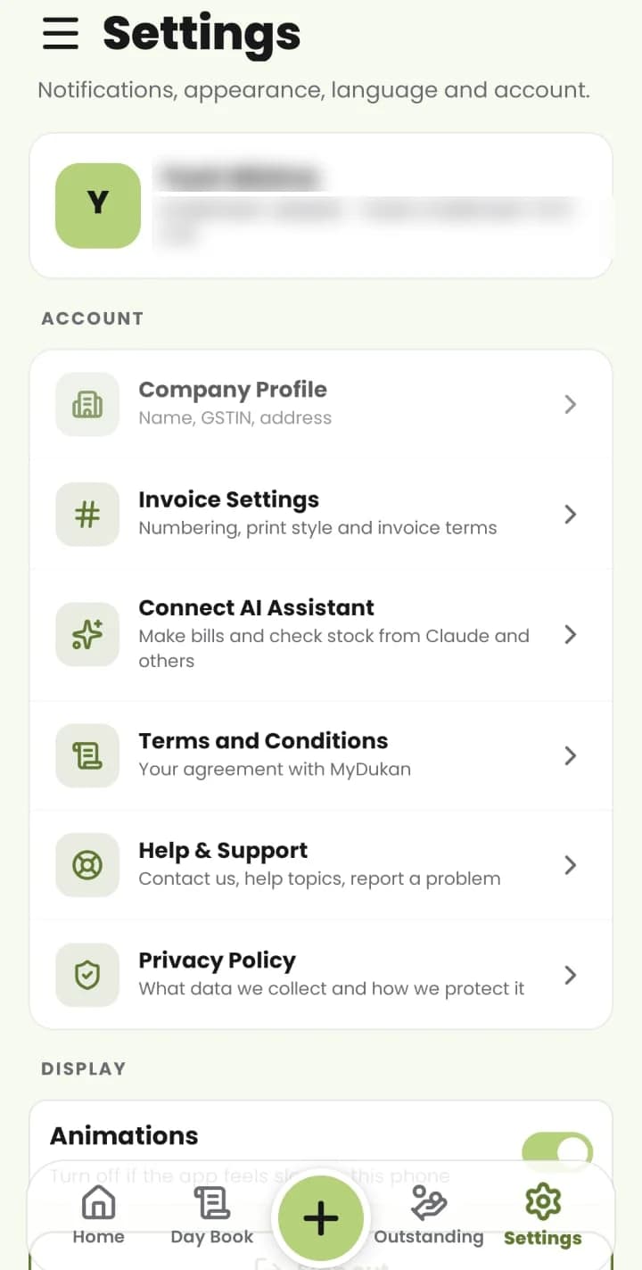 MyDukan Settings: company profile, invoice settings, Connect AI Assistant, terms, help & support, privacy