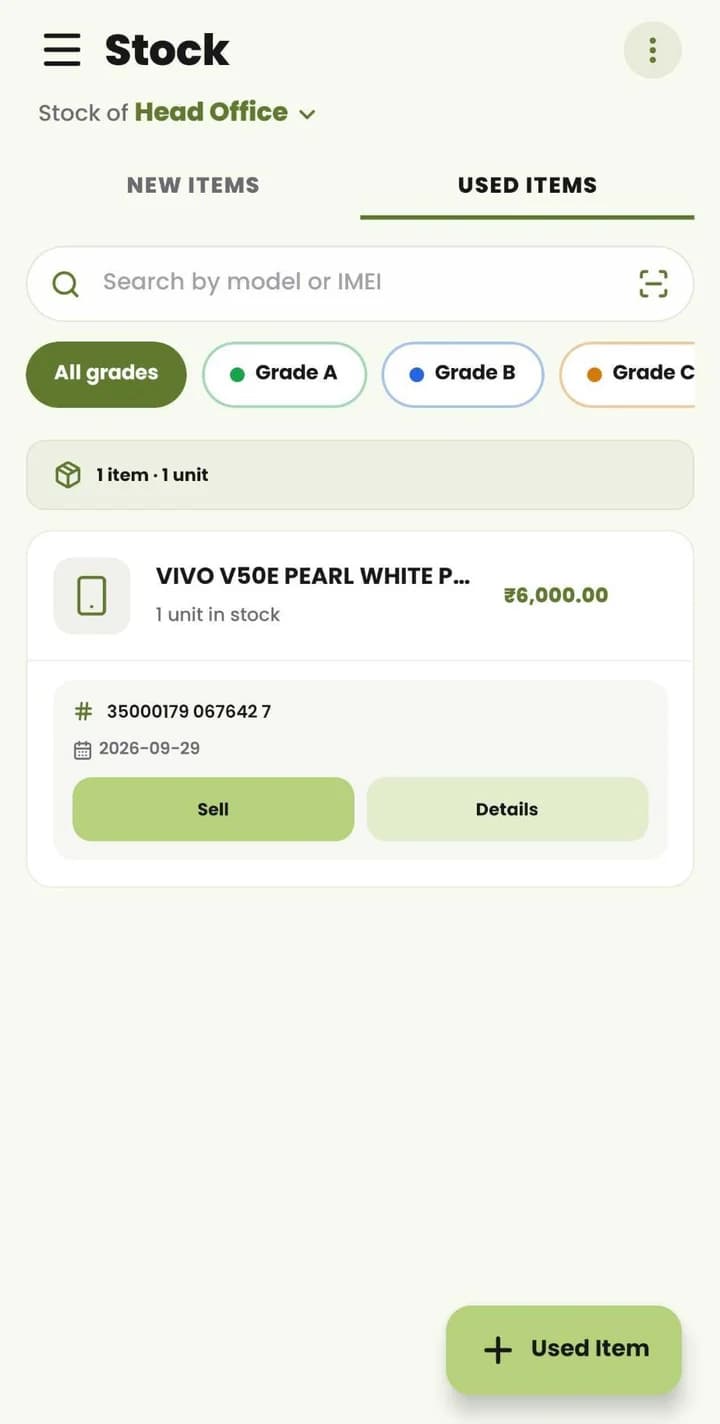 MyDukan used-item stock: search by model or IMEI, filter by grade, and sell straight from the list