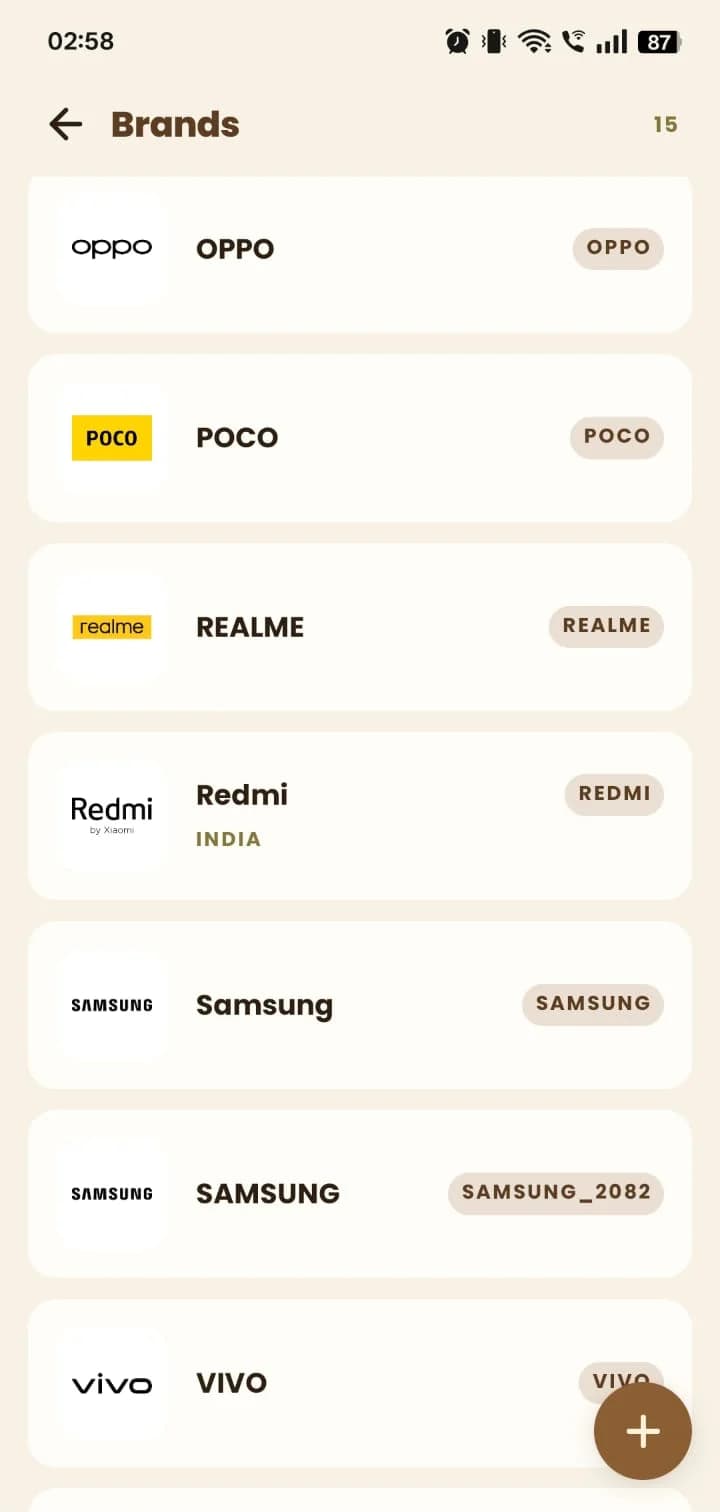 MyDukan Brands master listing phone brands with their logos and codes