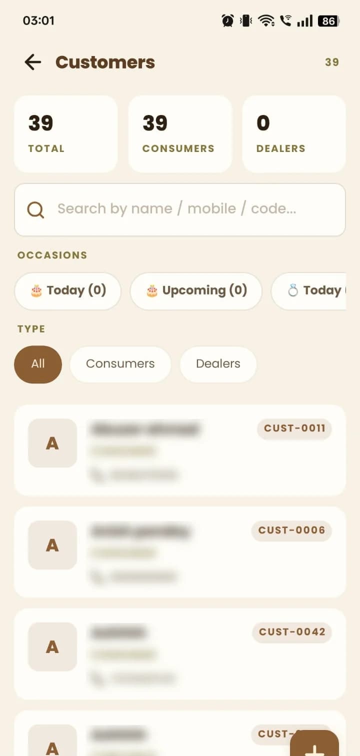 MyDukan Customers screen with totals for consumers and dealers, search, birthday and anniversary occasions and customer codes
