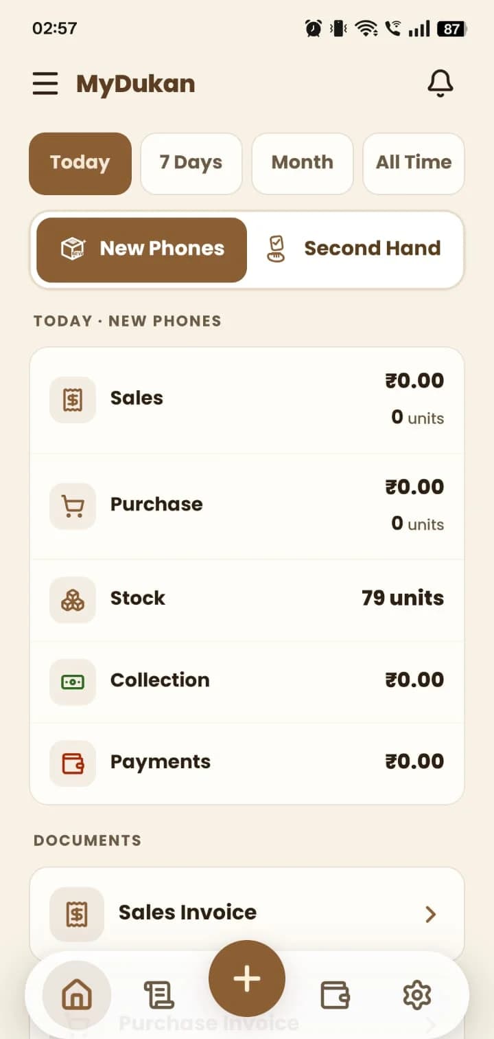 MyDukan mobile app dashboard for new phones: today's sales, purchase, stock, collection and payments, with Today / 7 Days / Month / All Time filters