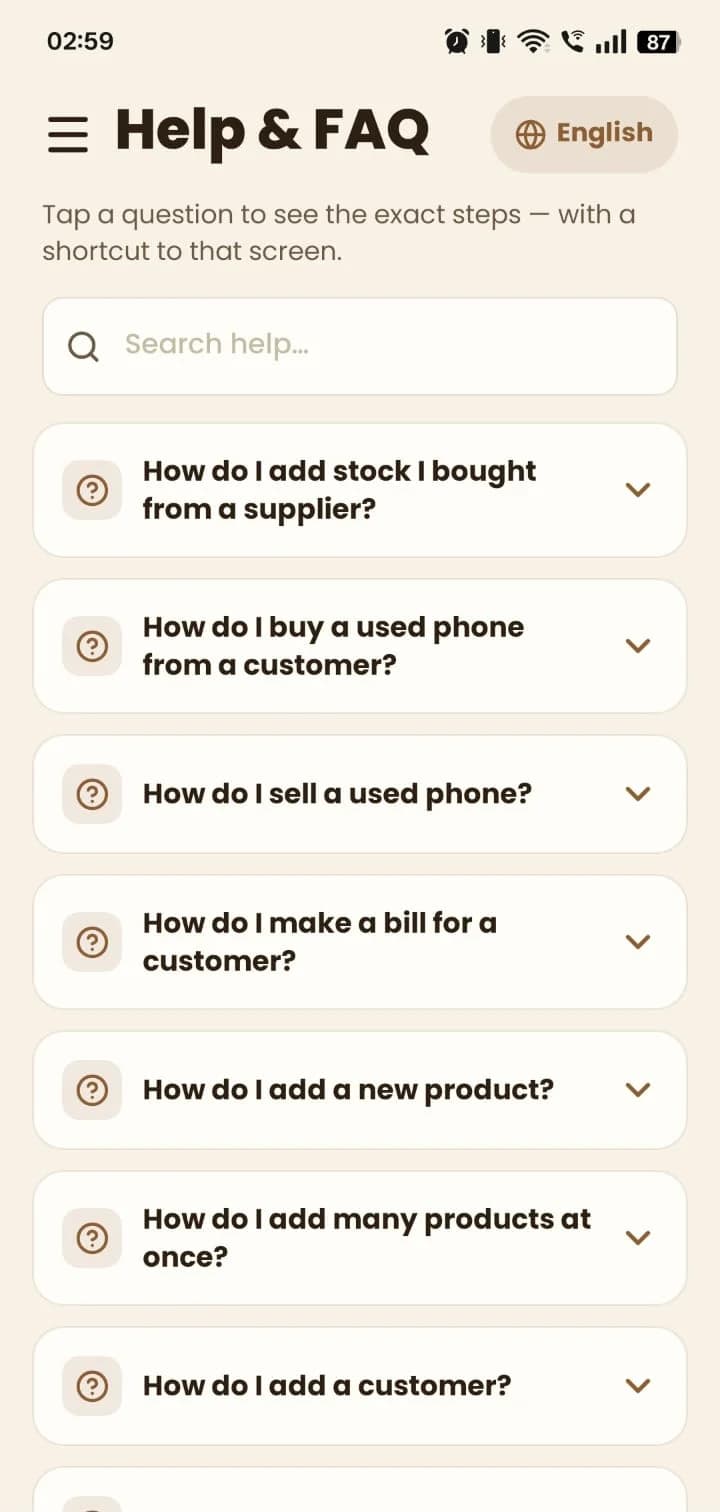 MyDukan in-app Help & FAQ with step-by-step answers, such as adding stock bought from a supplier or making a bill for a customer