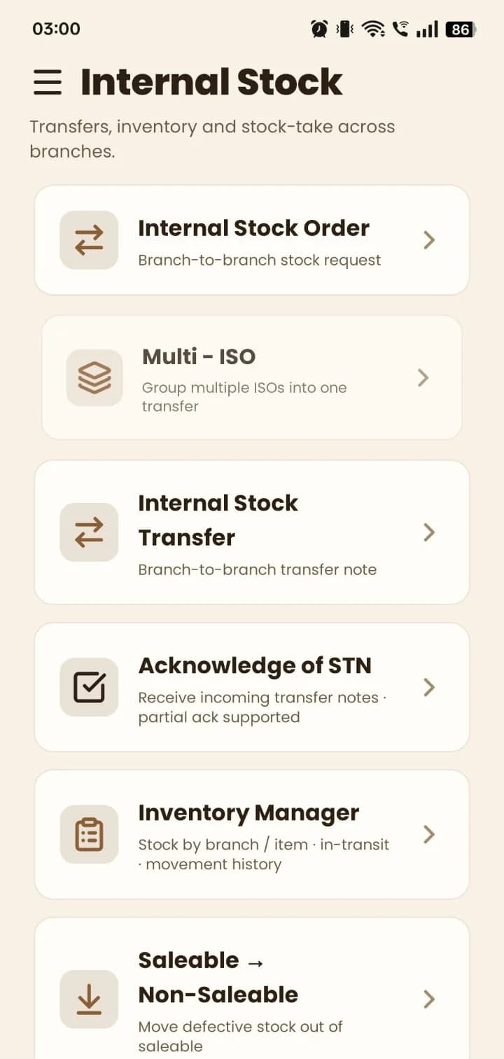 MyDukan Internal Stock: stock orders, multi-ISO, branch-to-branch transfers, acknowledgement of transfer notes, inventory manager and saleable to non-saleable