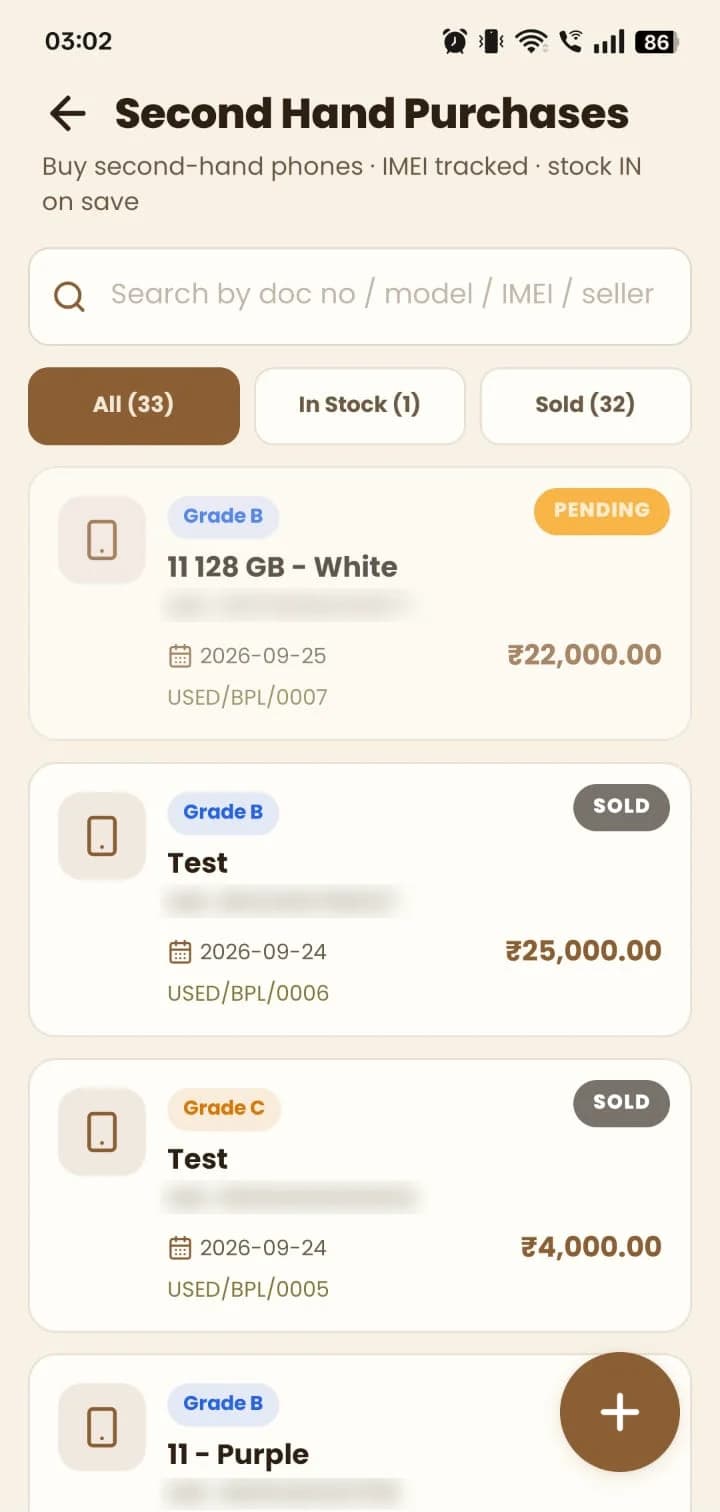 MyDukan Second Hand Purchases: IMEI-tracked used phones with grade, date, document number, price and pending or sold status