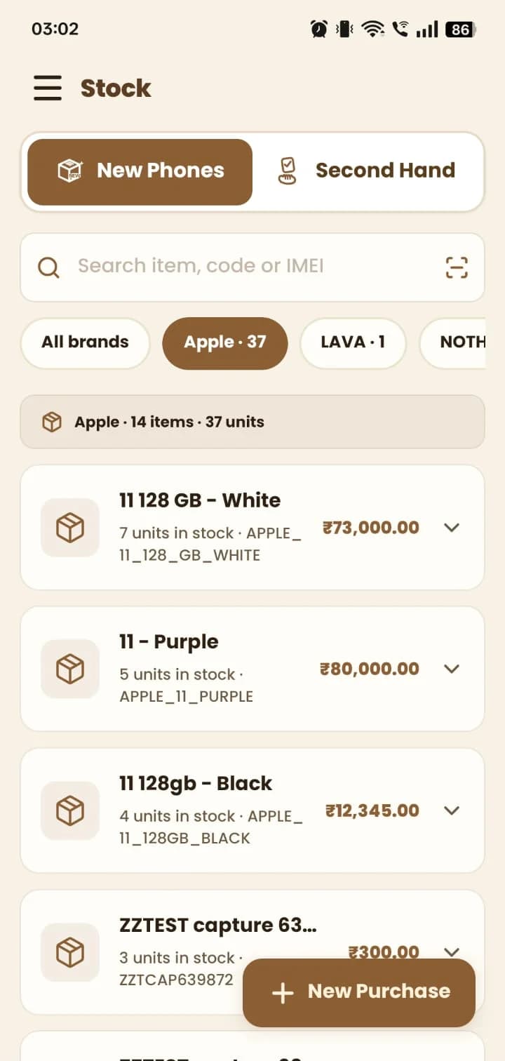 MyDukan Stock screen: search by item, code or IMEI, filter by brand, and units in stock per item